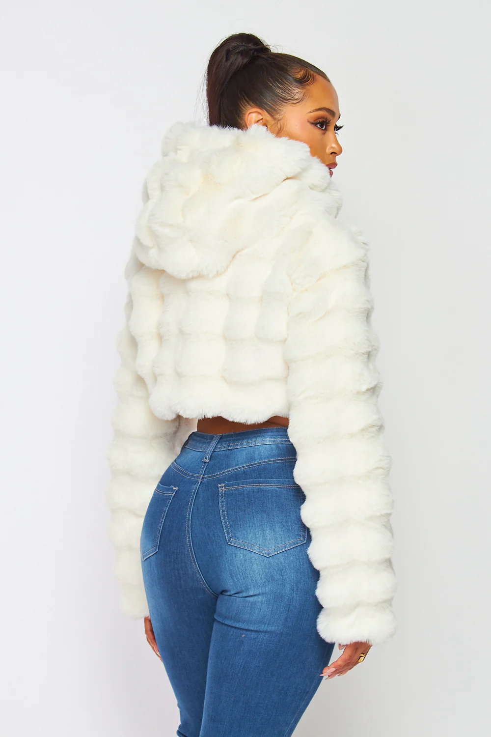 Hot & Delicious - Faux Fur Hooded Crop Jacket - Ivory - Image 2